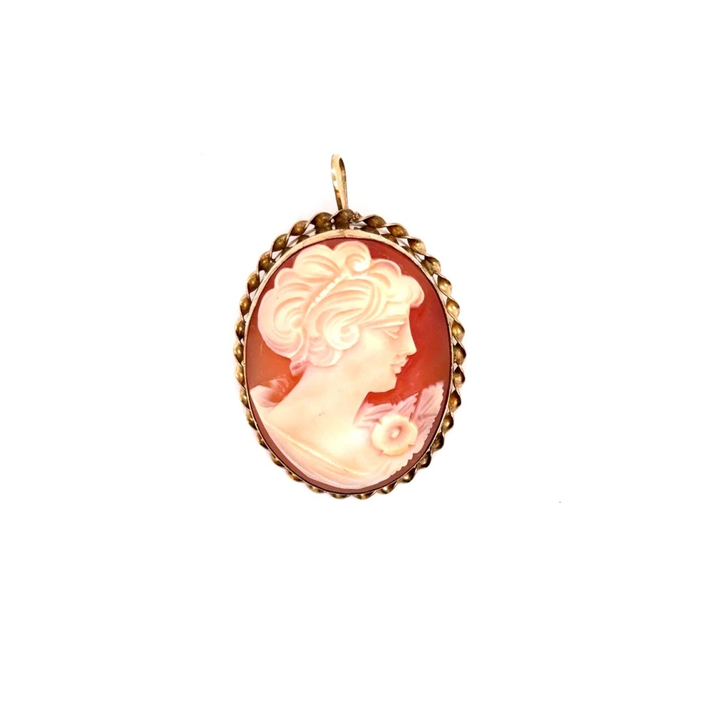 Vintage Gold Filled Real Shell Cameo Pendant Brooch Hand Carved Woman Portrait
